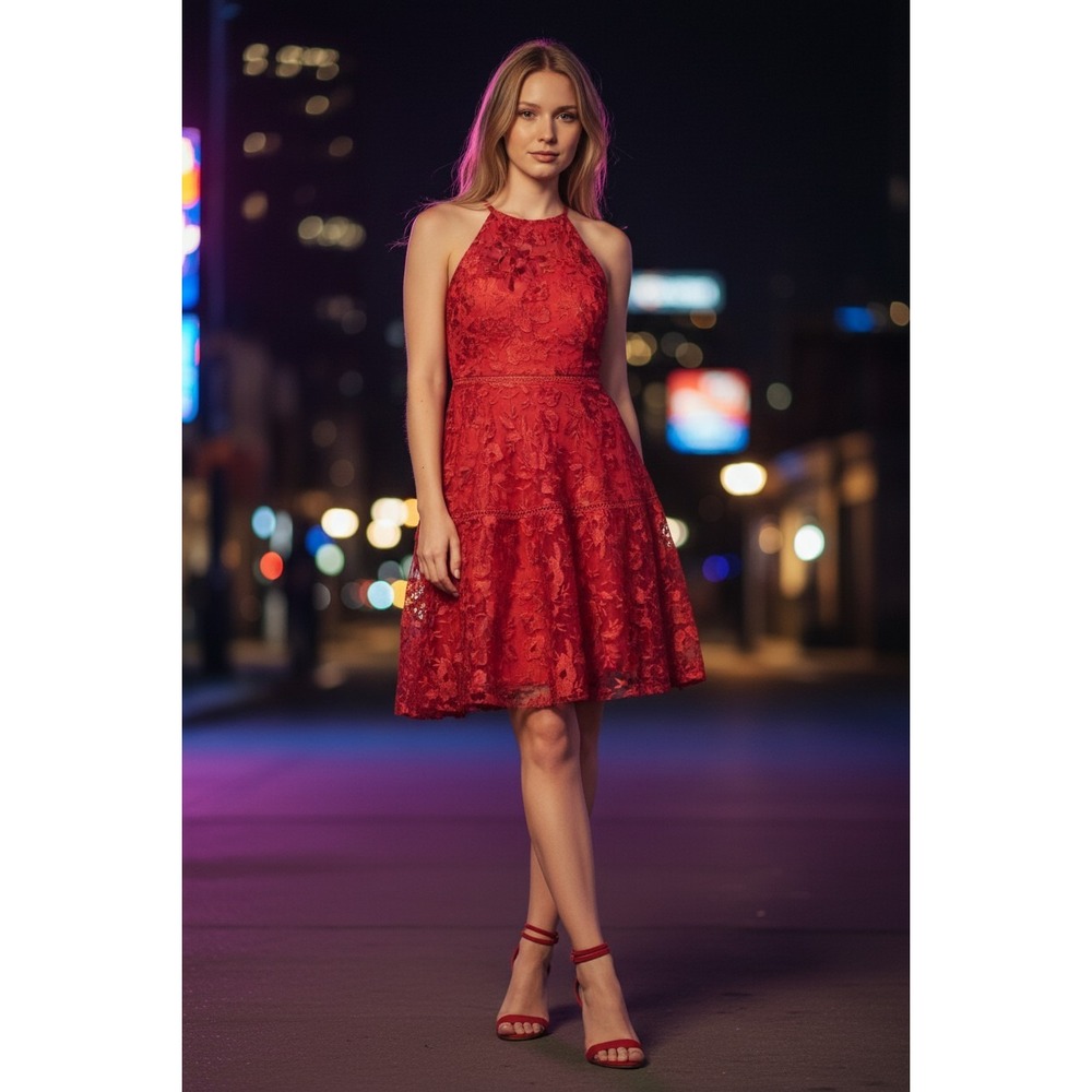 DB Studio Red Lace Fit & Flare Dress Size‎ 10 Illusion Neck Cocktail Formal NWOT